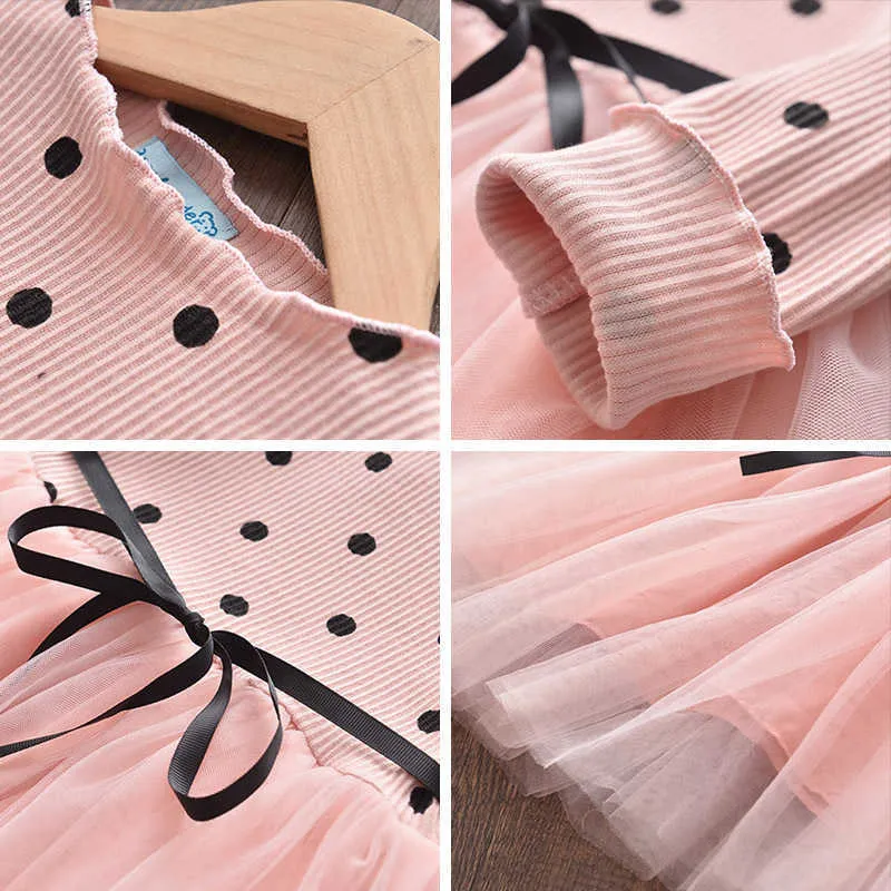 Frühling und Herbst Mädchen Kleid Baby Langarm Dot Splicing Mesh Rock Koreanische Prinzessin Kleid Mädchen Tutu Kleid Q0716