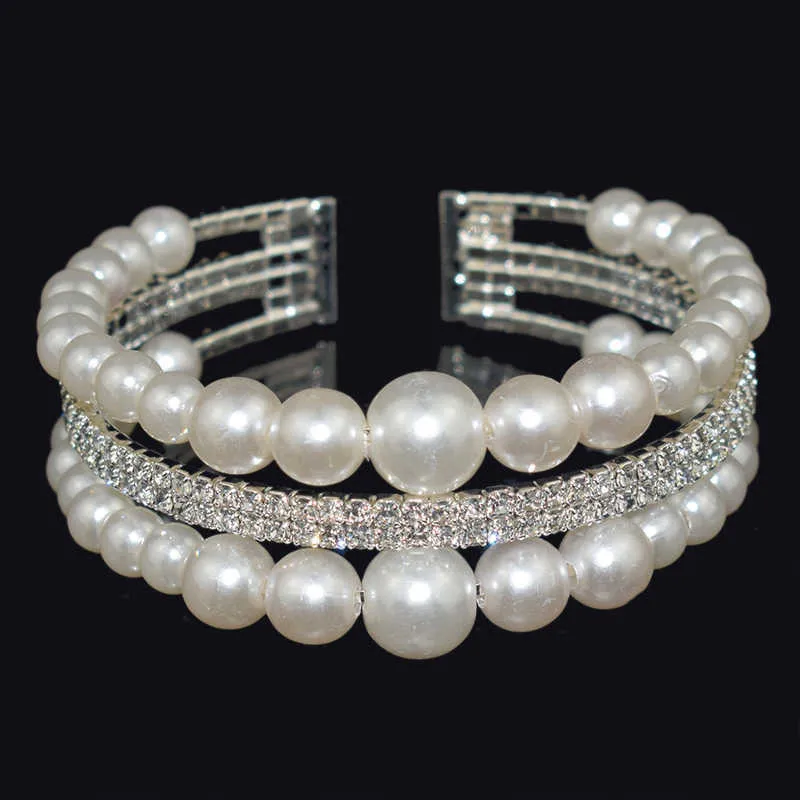 Elegant trendig Kvinnors / Tjejs silverpläterad Pearl Rhinestone Cuff Bangles Crystal Armband Bangles Smycken Gift Q0719