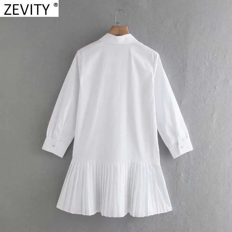 ZEVITY femmes mode col rabattu ourlet tourbé chemise blanche robe femme Patchwork popeline robe Chic affaires robes DS8390 210603