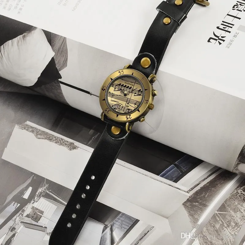 12-timmars Display Quartz Watch Retro Pu Strap Metal Bronze Case Music Note Markers Unisex Watches Ancient Roman Style255q