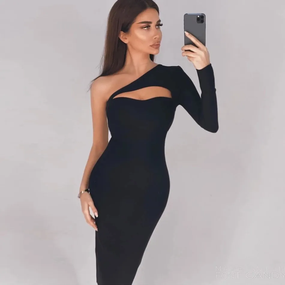 Free Fall Women's Black One Shoulder Bandage Dress Sexy Hollow Long Sleeve Celebrity Club Evening Party 210524