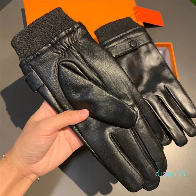 designer Winter Leather Gloves Letter Sheepskin Men Mittens Plus Velvet Warm Mittens Touch Screen Gloves Outdoor Cycling Driving G266E