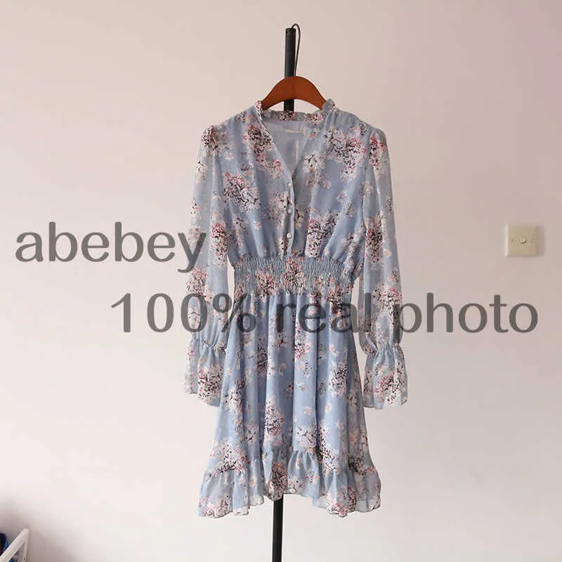 Мода женское французское платье женское темперамент V-образным вырезом с длинными рукавами шифоновые цветочные платья 210915