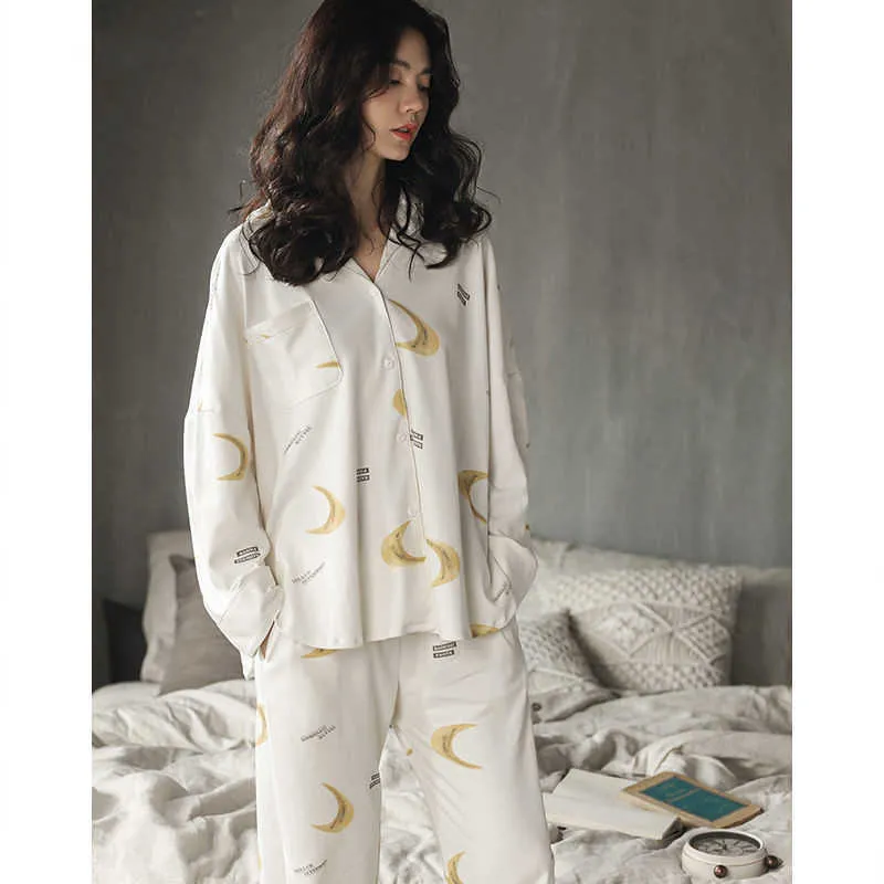 Women Pajamas Sets Autumn Printed Long Sleeve V Neck Buttons Sleepwear Pijamas Cartoon Homewear Long Pants Casual Pyjamas 210619