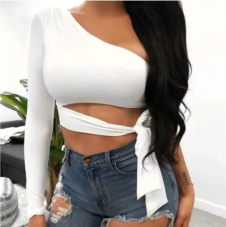 Sexy Solid One Shoulder T-shirts Dames Lange Mouwen Crop Tops Mode 2020 Nieuwe Zomer Cut-Out Lace-Up Backless T-shirt Streetwear Y0621