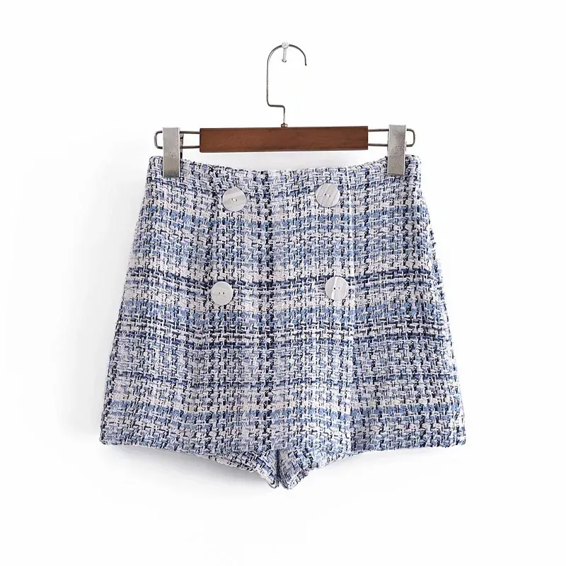 Mavi Tüvit Yüksek Bel Bermuda Şort Kadın Bahar Vintage Kruvaze Geniş Bacak Skort Kadınlar Casual 210519