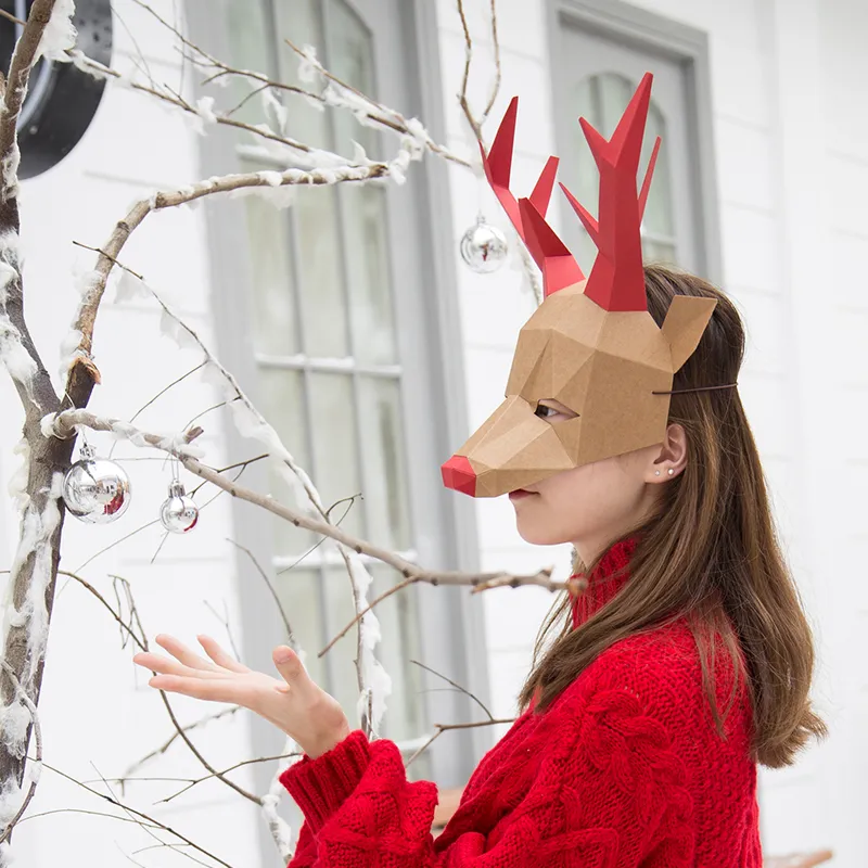 Costume de poupée de mascotte 3D papier cerf renard éléphant tête masque couvre-chef animal Halloween accessoires femme hommes fête jeu de rôle habiller bricolage masques artisanaux