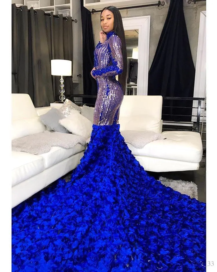 Shining Black Girls Blue Mermaid Prom Dresses 2021 3D Flowers paljetter Plus Size Long Sleeve High Neck Evening Pageant Wears Vestidos de 340C