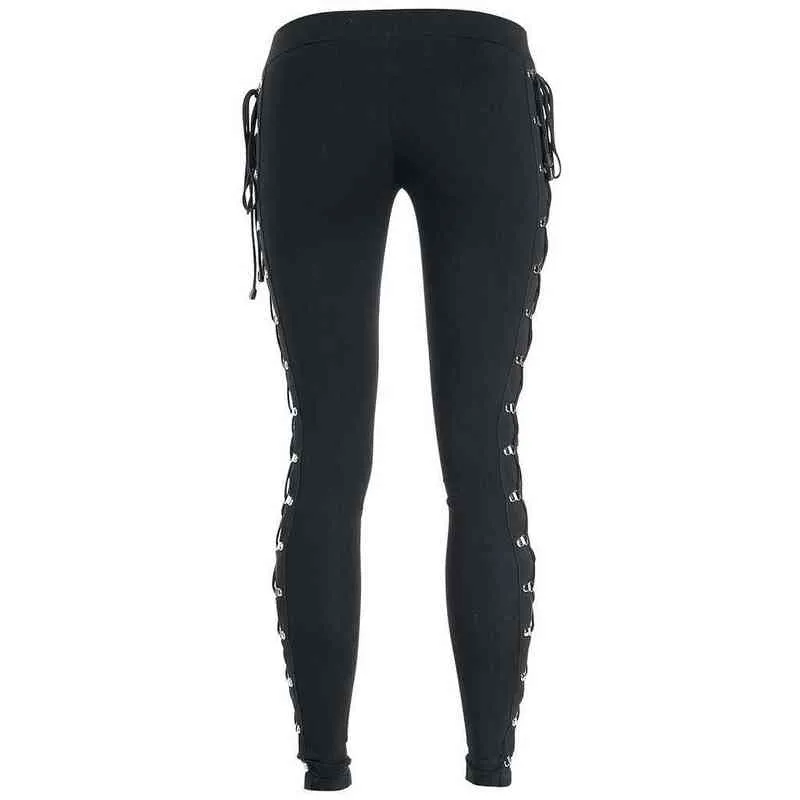 Femmes Gothique Punk Leggings Casual Plaine Mince Coton Droite Femme Noir À Lacets Maigre Pantalon Streetwear # T2G 211204