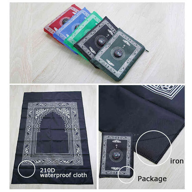 Alfombra de oración musulmana, esteras trenzadas portátiles de poliéster, estampado simple con brújula en bolsa, manta de estilo nuevo para el hogar de viaje, 100x60cm