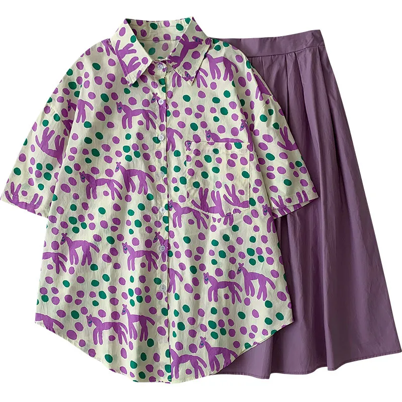 Kimutomo två stycken set sommar polka dot skriva ut kortärmad breasted blus + hög midja solid a-line kjol kostym kvinna 210521