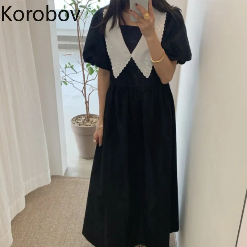 Korobov nova chegada mulheres coreanas vestido doce flor bordado peter pan colar verão vestidos vintage a linha vestidos 210430