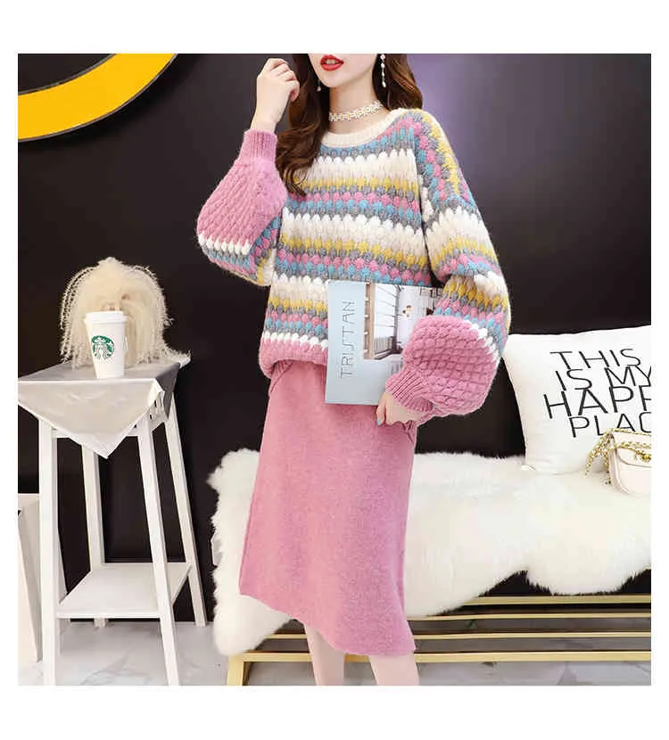 Kobiety Sweter i skoczkowie Knitting Swetry Spódnica Pink Paski Knitwear 2 Kawałki Garnitur Luźny Koreański Pull 210430