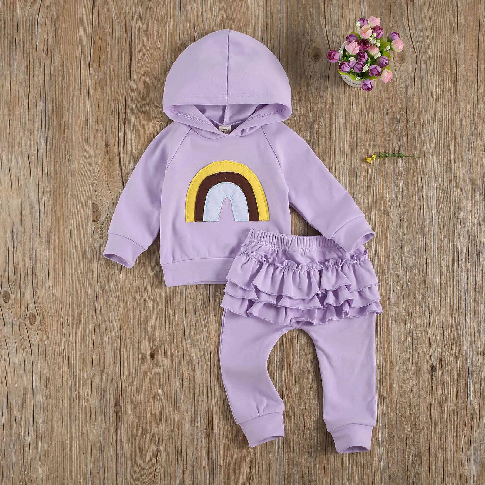 0-3y outono inverno criança infantil bebê garoto garota roupas conjunto arco-íris com capuz manga comprida top ruffles calças roupas roupas 210515