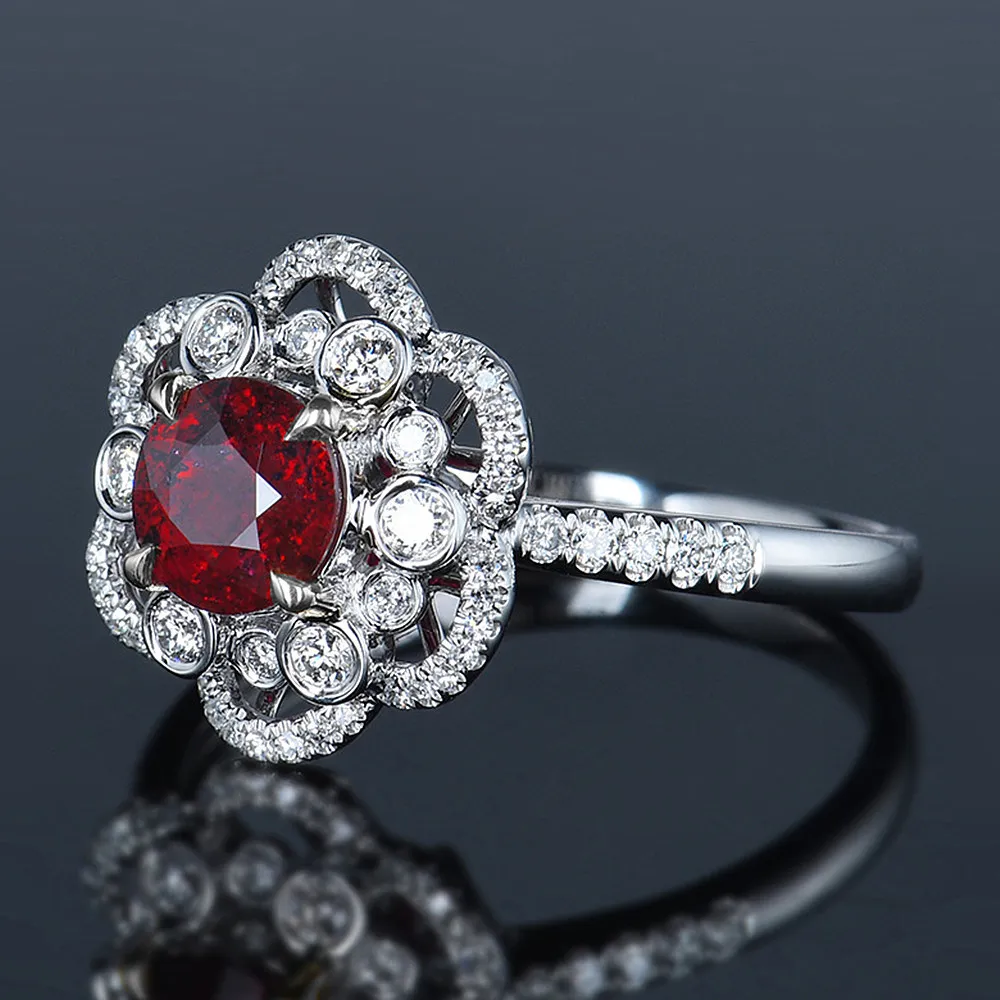 Fashion chic flower red crystal ruby gemstones diamonds rings for women white gold silver color bague jewelry bijoux party gifts