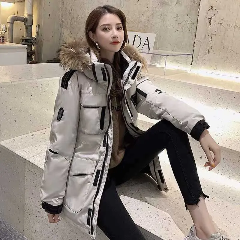 Fashion Hooded Real Fur Collar Down Jacket Men And Women The Same Thick Winter Outdoor Snow Coat Couple Tooling Oversized 211011