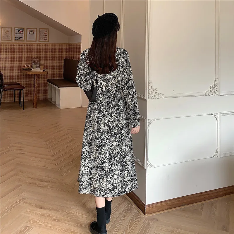 French V-neck Floral Long Dress Vintage es Women Marble and Leaf Print Autumn Winter Elegant es 13079 210506