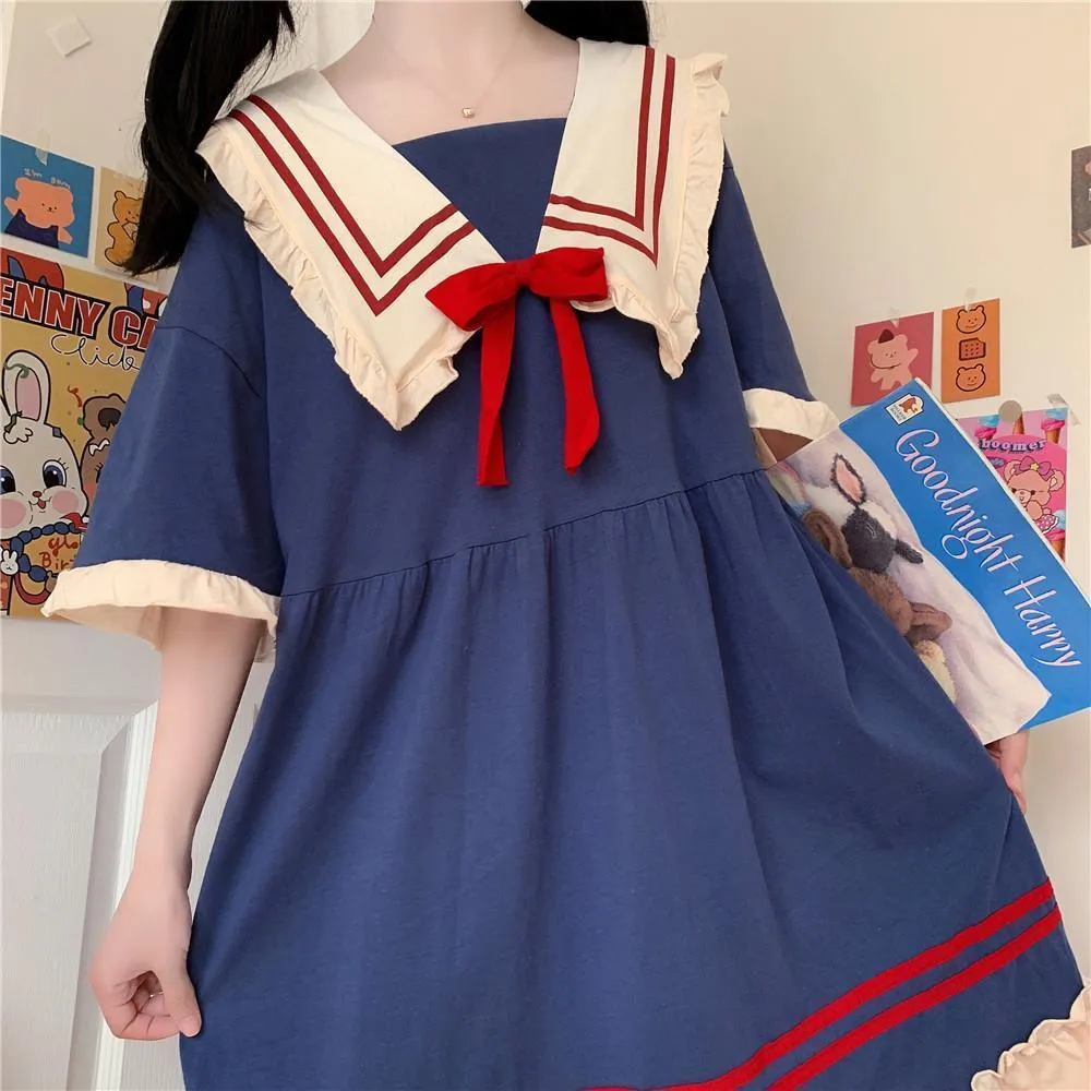 夏のカワイイ日本の船乗りの襟ドレス甘いネイビー弓の女の子かわいいドレスプレッピースタイルビンテージプリンセスvestidos 210517