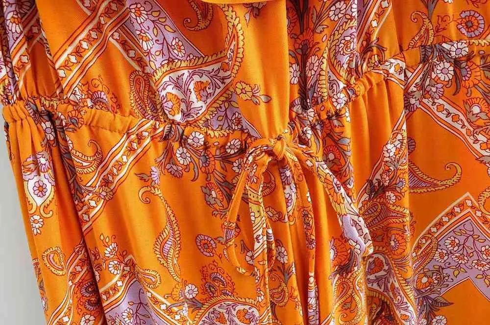 Summer Orange Strapless Paisley Flower print Short Sleeve Wide Leg Jumpsuit Holiday Women BOHO Adjust Waist Romper Overalls 210429