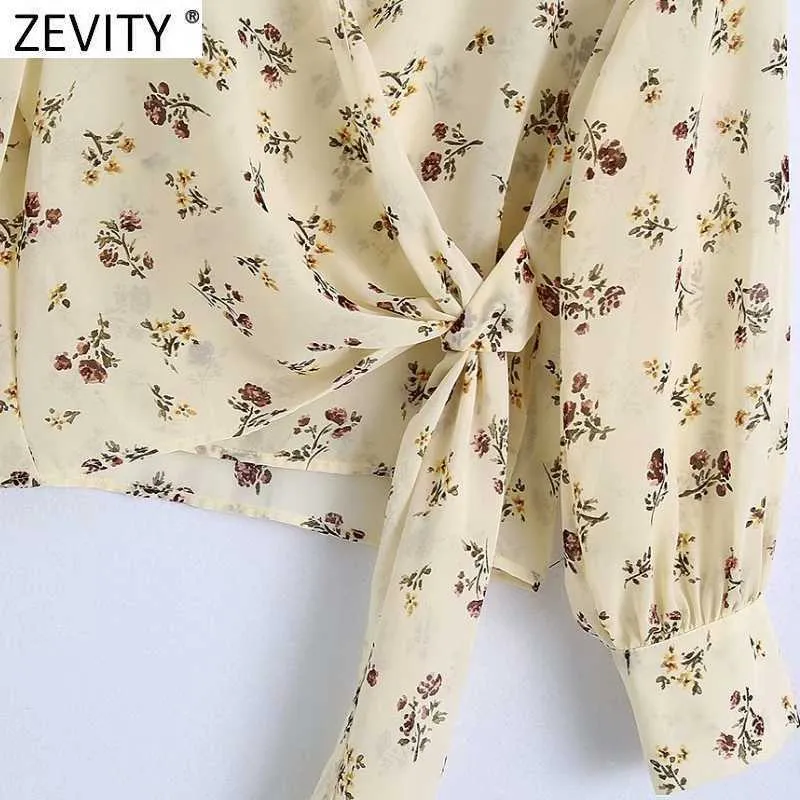 Zevity Frauen Elegante Kreuz V-ausschnitt Blumendruck Chiffon Smock Bluse Weibliche Saum Schleife Gebunden Kimono Shirt Chic Blusas Tops LS9191 210603