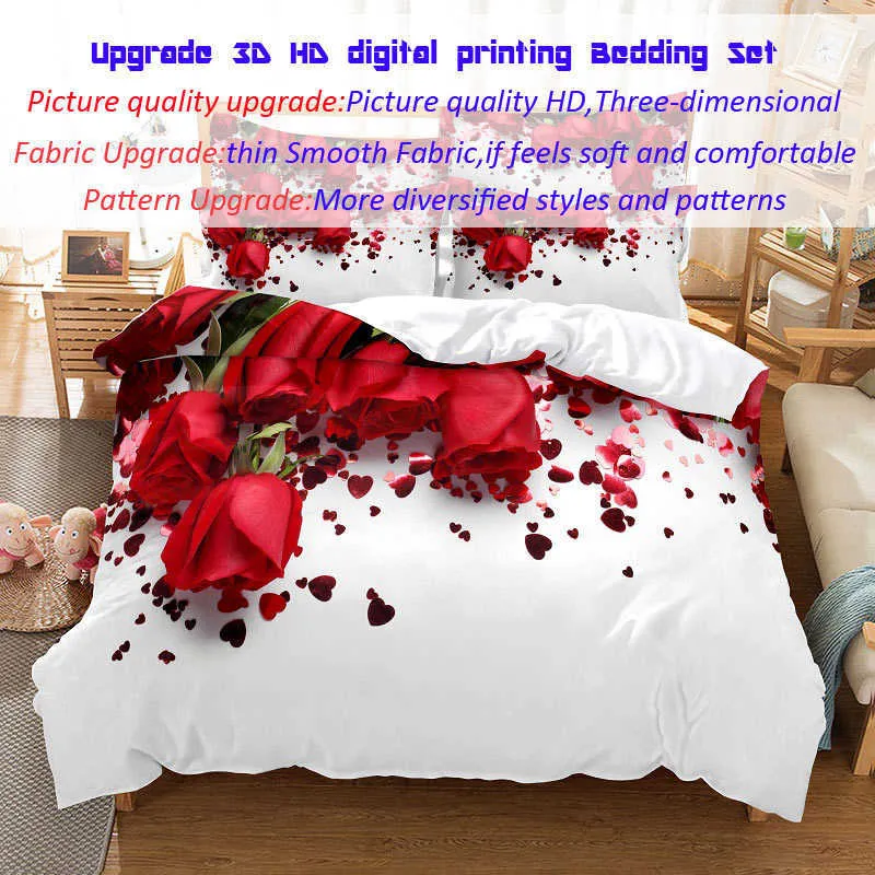 Ensemble de literie Rose rouge couette housse de couette couette taie d'oreiller 3d Hd Double complet roi reine Twin simple 3 pièces 2 pièces chambre Flower2795