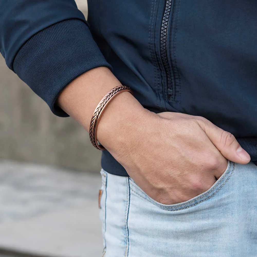 ed Bracelets en cuivre pur tresse santé énergie bracelet magnétique avantages hommes bracelets de manchette réglables soulagement de la douleur anthrite Q1290673