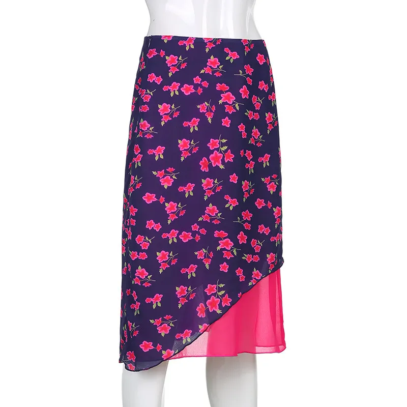 Gullig rosa blomma tryck Midi Y2K kjolar Kvinnor 2021 90s estetiska dubbelskikt Chiffon Kawaii kjol Låg midja Penna strand kjol x0428