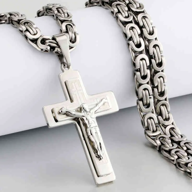 Heavy Crucifix Cross Pendant Necklace Gold Stainless Steel Male Punk Byzantine Chain Men Necklaces Jewelry Gifts1153076
