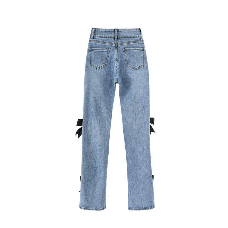 [DEAT] Spring Fashion Pencil Pants Loose Solid Color Split Fork High Waist Bow Personality Women Jeans 13C622 210527