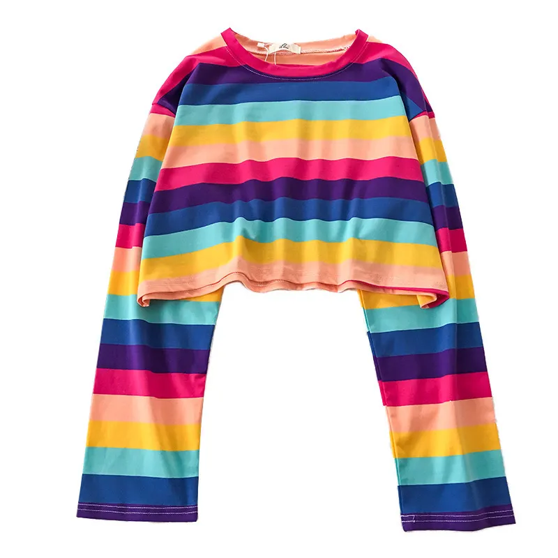 Vår Höst Kvinnors Långärmad Skjorta O-Neck Patchwork Striped Rainbow Färger Lösa Korta Skjortor Kvinna Tees Kvinna Tops PL043 210506