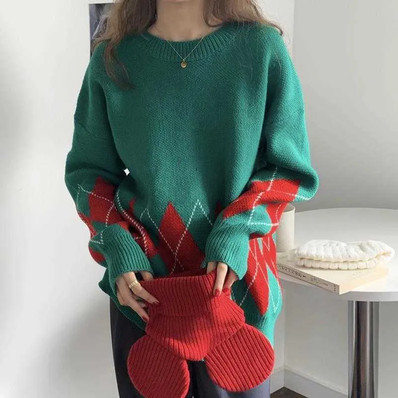 Pull de Noël Femmes manches longues lâche pull tricoté en plein air Partie surdimensionnée coréenne Knitwear automne Hiver Années 210604