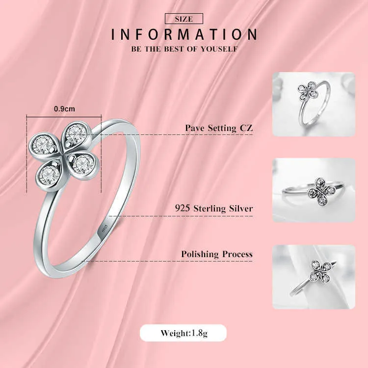 Şanslı Çiçek Yonca Trendy Yüzük 100% 925 Ayar Gümüş Charm Temizle CZ İstiflenebilir Parmak Yüzük Kadınlar için Parti Takı 210707