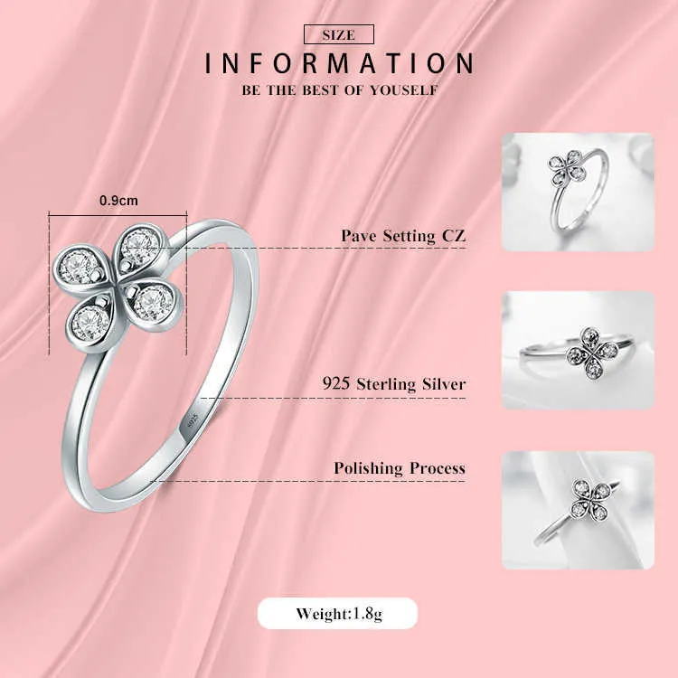 Lucky Flower Clover Trendy Ring 100% 925 Sterling Silver Charm Rensa CZ Staplable Finger Ringar för Kvinnor Party Smycken 210707