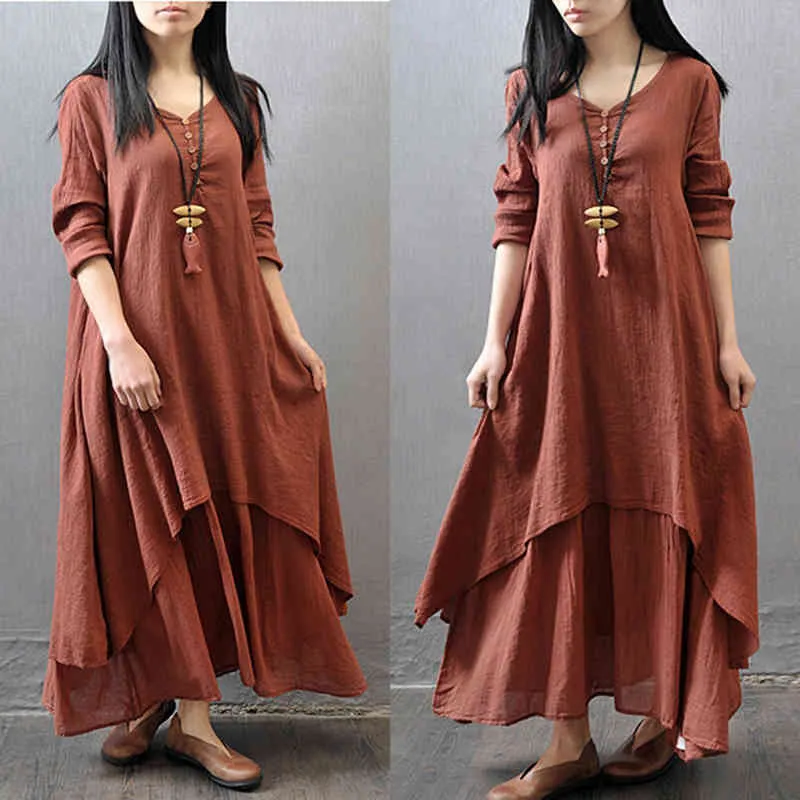 Kayotuas Women Dress Summer Boho Ethnic Cotton Linen Long Sleeve Maxi V-Neck Loose Casual Ladies Clothes Outfit 210522