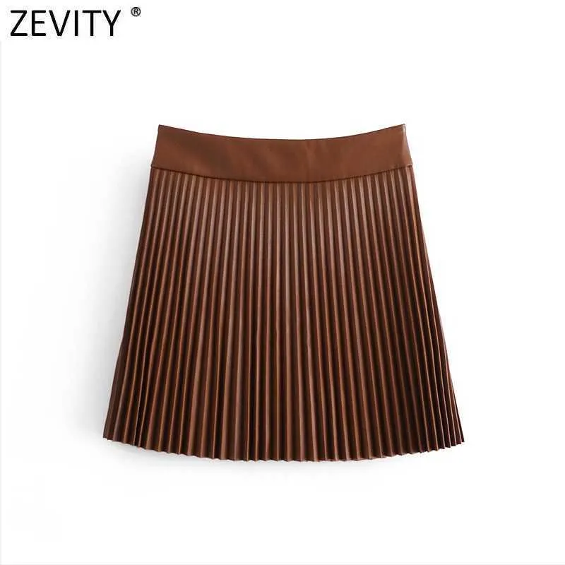 Zevity femmes Chic mode Faux cuir plissé Mini jupe Femme Vintage Patchwork métal bouton pression jupes Mujer QUN710 210621