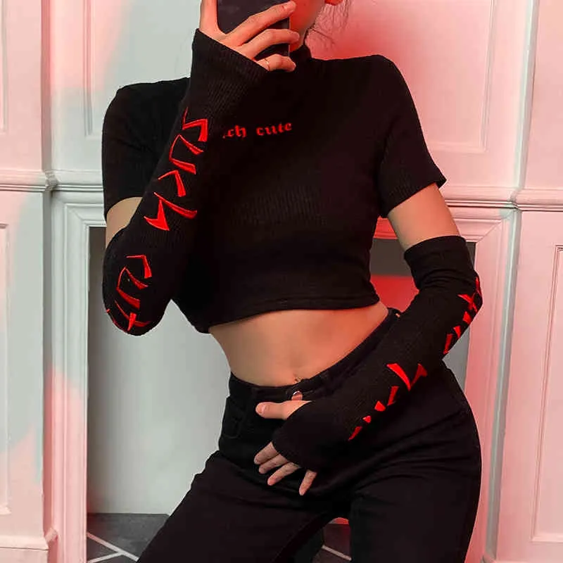 Ribbed Knit Letter Embroidery Long Sleeve Black Y2k Cropped Tops Fashion Women's T-Shirts Casual Tee Shirts Streetwear 210510