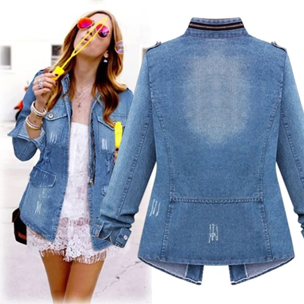 여성 블루 데님 재킷 턴 다운 칼라 체인 청바지 자켓 포켓 코트 오버 사이즈 청바지 여성 겉옷 2021