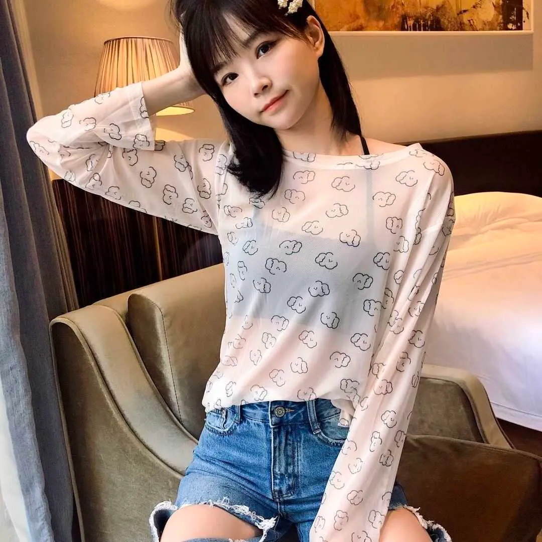 Ruoru Harajuku Mesh Top Kawaii Femmes Tops à manches longues Femme Tee-shirt Esthétique Mignon Dames T Style coréen Drop 210623