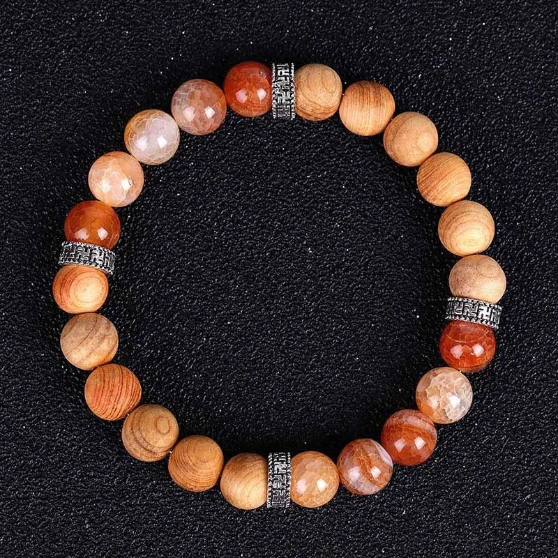 Bracelet en pierre naturelle craquelée avec perle de bois et diffuseur d'huile de roche de lave Style rétro Bracelets extensibles pour femmes brins de perles 223u