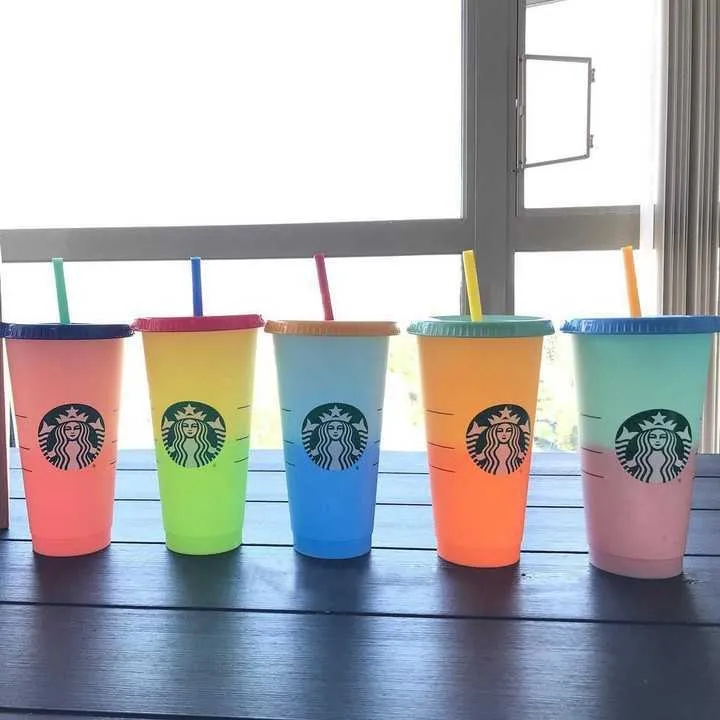 Hazır Stockstarbucks Renk Değiştiren Konfeti Yeniden Kullanılabilir Plastik Tumbler Kapak ve Saman Soğuk Kupası, FL Oz, OF ON VEYA BAŞLI