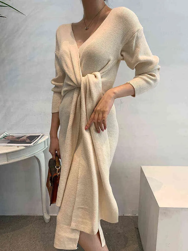 暖かいニット韓国風の秋の固体ジャンパーのドレス厚い2021冬のポーラーのセータードレス女性女性アプリコット灰色のvestido g1214