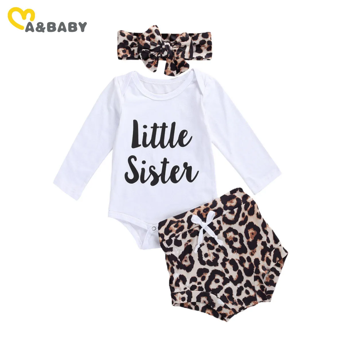 0-18M born Infant Baby Girl Clothes Set Little Sister Letter Romper Leopard Shorts Outfits Autumn Clothing 210515