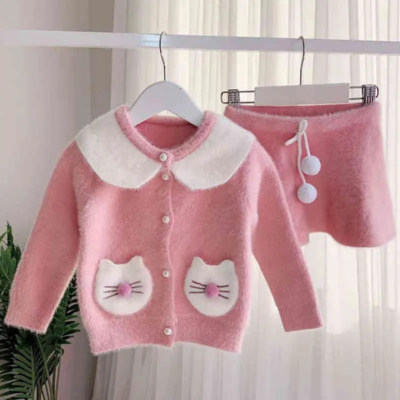 Flickor Set Höst Vintertröja Kid kläder Koreanska Kanin Ear Knitwear Pocket Doll Collar Top + Kjol Baby 210515