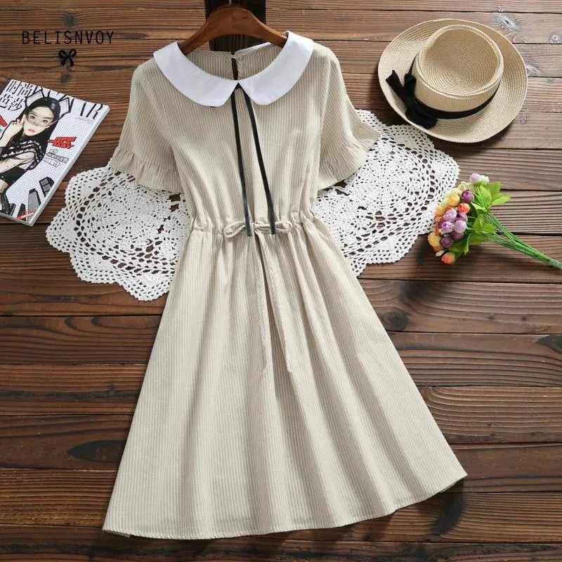 Japansk Preppy Style Summer Women Mini Dress Peter Pan Collar Kaki Blå String Femme Robe Bomull Linen Kawaii Student 210520