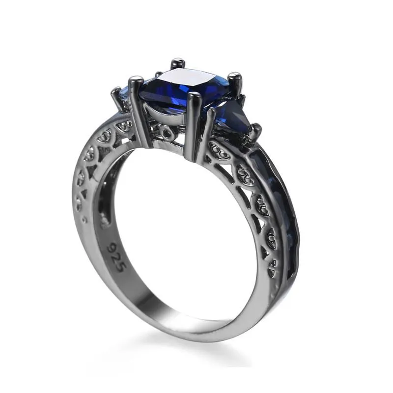 Fedi nuziali Fashion Square Blue Sapphire CZ le donne Accessorio gioielli con anello portafortuna placcato oro nero260s