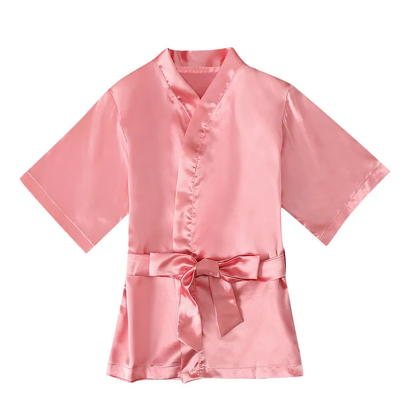 Barnflicka Pink Robe Solid Silk Satin Kimono Bathrobe Birthday Pyjamas Nightgown Kids Sleepwear Boy Girls Robes 1-5 år 220225