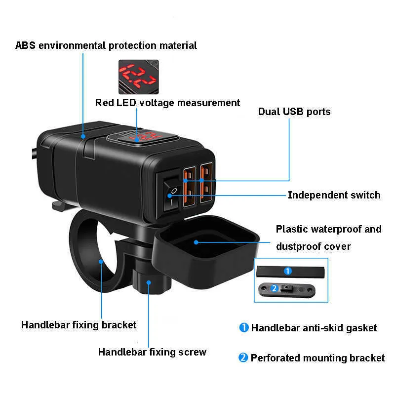 Port USB 12V Podwójna wodoodporna ładowarka do motocykla Szybkie ładowanie 3 0 za pomocą woltomierza Smart Phone Tablet GPS260W
