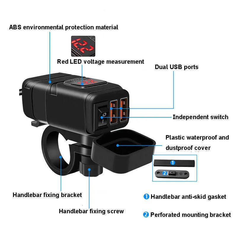 Porta USB 12V Caricatore doppio manubrio moto impermeabile Ricarica rapida 30 con voltmetro Smart Phone Tablet GPS9168481