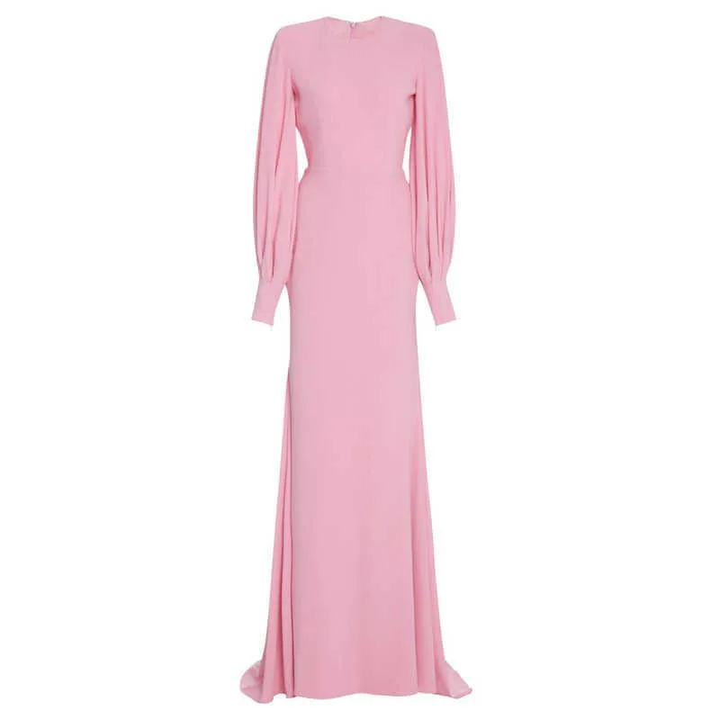 [Deat]春ファッションラウンドネックハイウエストの床の長さ長袖ピンクのエレガントなドレス女性の品質13C781 210527