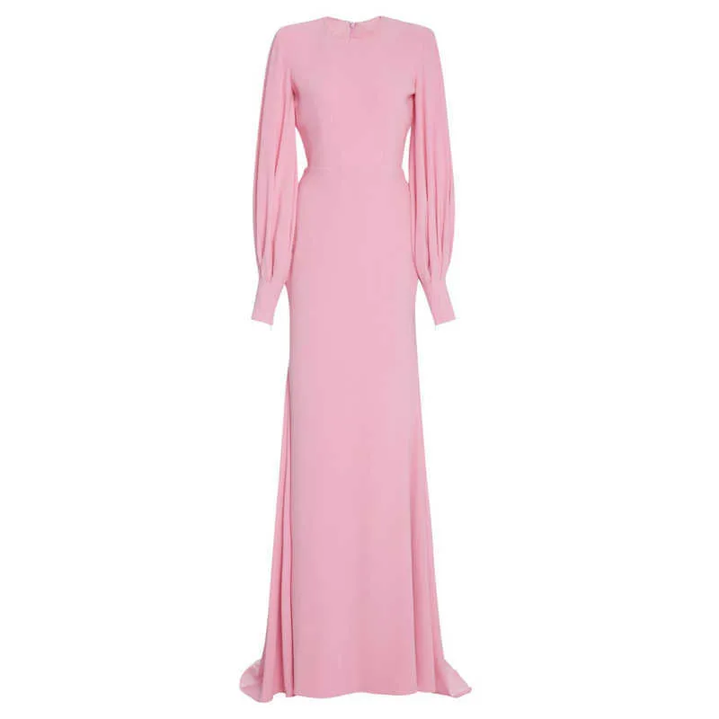 [DEAT] printemps mode col rond taille haute parole longueur à manches longues rose élégant robe femmes qualité 13C781 210527